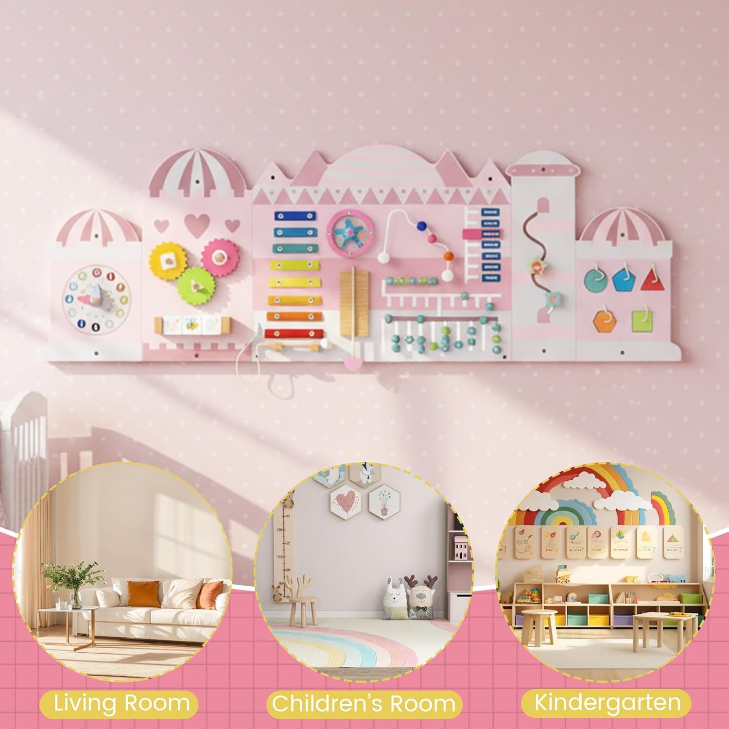 INFANS Pink Castle Sensory Wall, 11 in 1 Wooden Montessori Busy Board Panel, Toddler Wall Mounted Activity Center, Educational Toys Learning Gift for Boys Girls