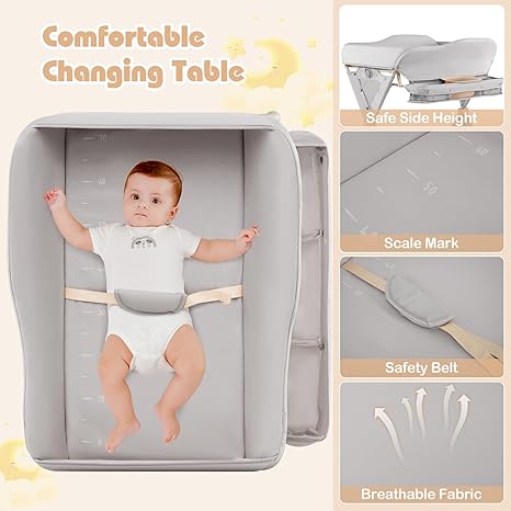 INFANS Baby Changing Table with Wheels, Portable Folding Diaper Station Nursery Organizer with Safety Belt