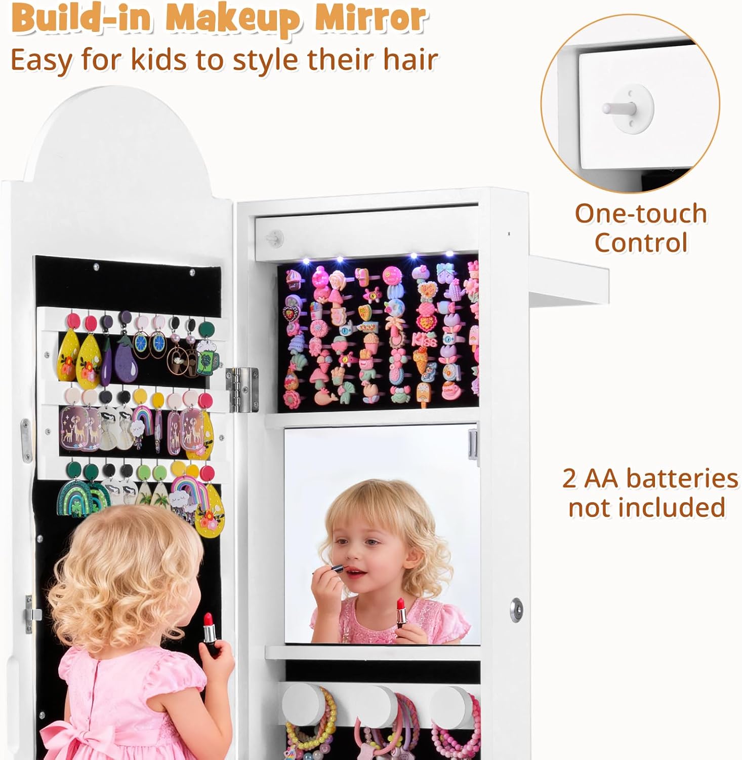 INFANS Kids Jewelry Armoire Cabinet, 360° Swivel Lockable Standing Makeup Organizer with Interior Lights, Rotatable Full-Length LED Vanity Mirror with Foldable Fabric Drawer for Girls