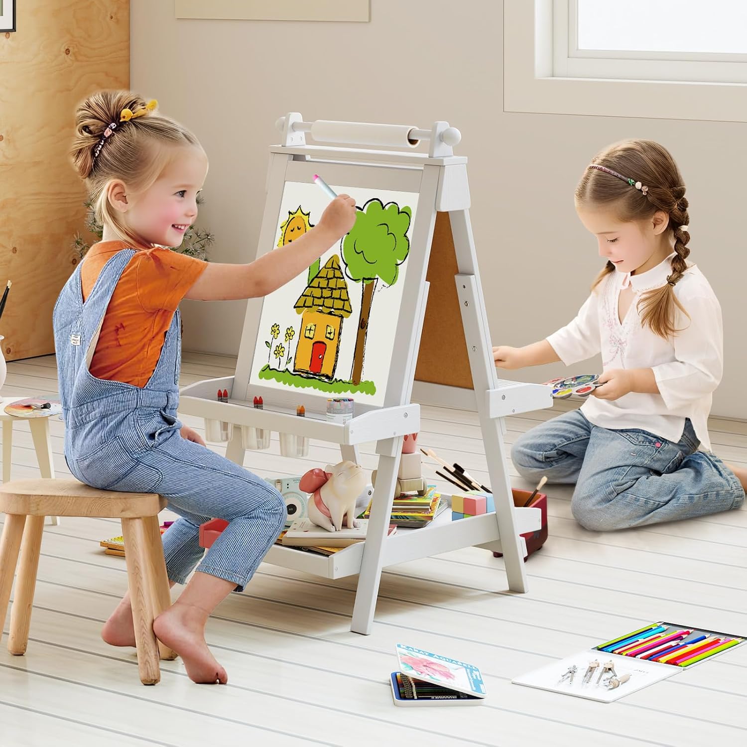 INFANS Easel for Kids, 3 in 1 Adjustable Painting Art Board, Foldable Double-Sided Wooden Drawing Chalkboard Magnetic Whiteboard with Paper Roll, Storage Rack, Cups for Boy Girls