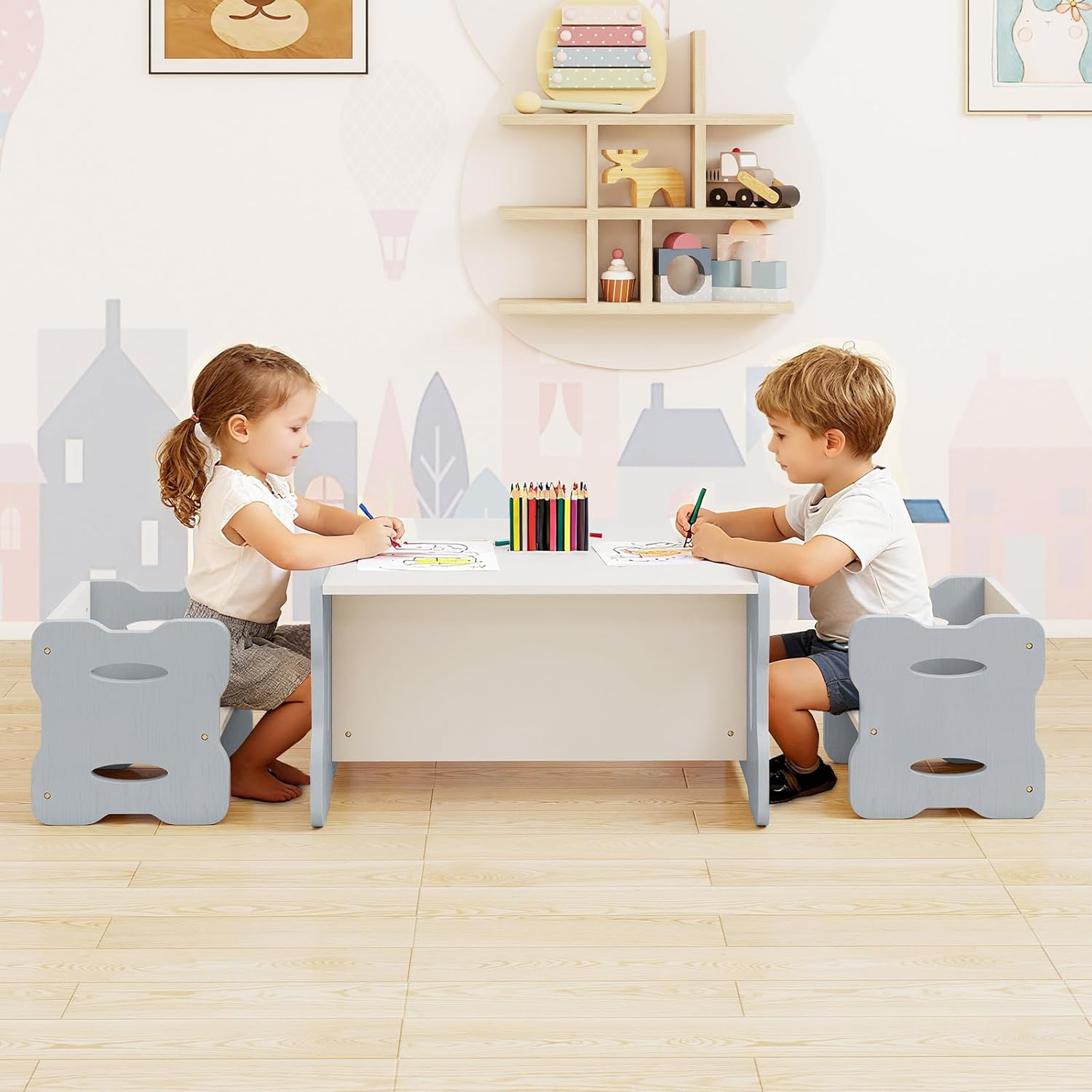 INFANS Kids Table and Chair Set, Toddler 3-Piece Activity Table with 2 Chairs for Building Block Drawing Reading Eating Art Crafts, Children Montessori Furniture for Playroom Kindergarten