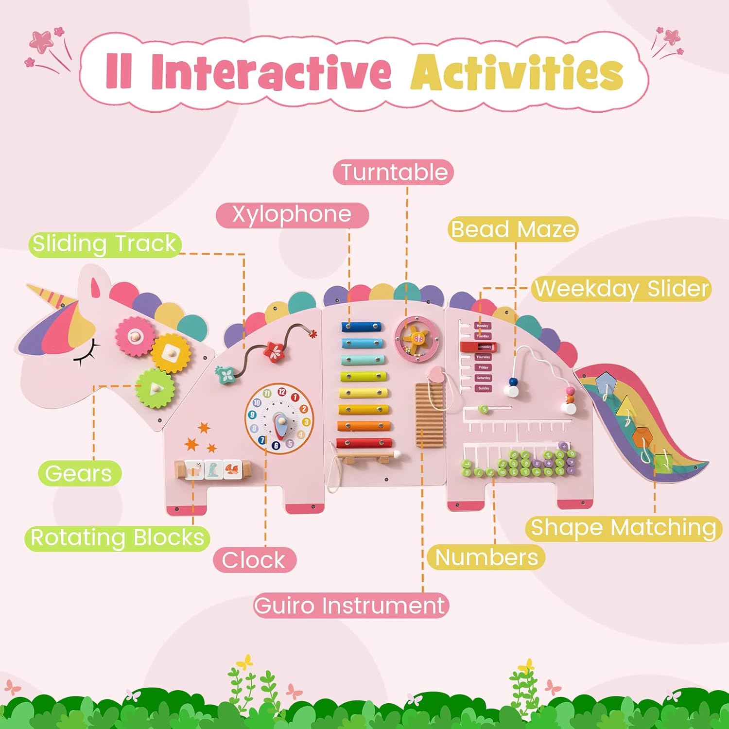 INFANS Pink Castle Sensory Wall, 11 in 1 Wooden Montessori Busy Board Panel, Toddler Wall Mounted Activity Center, Educational Toys Learning Gift for Boys Girls