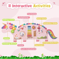 INFANS Pink Castle Sensory Wall, 11 in 1 Wooden Montessori Busy Board Panel, Toddler Wall Mounted Activity Center, Educational Toys Learning Gift for Boys Girls