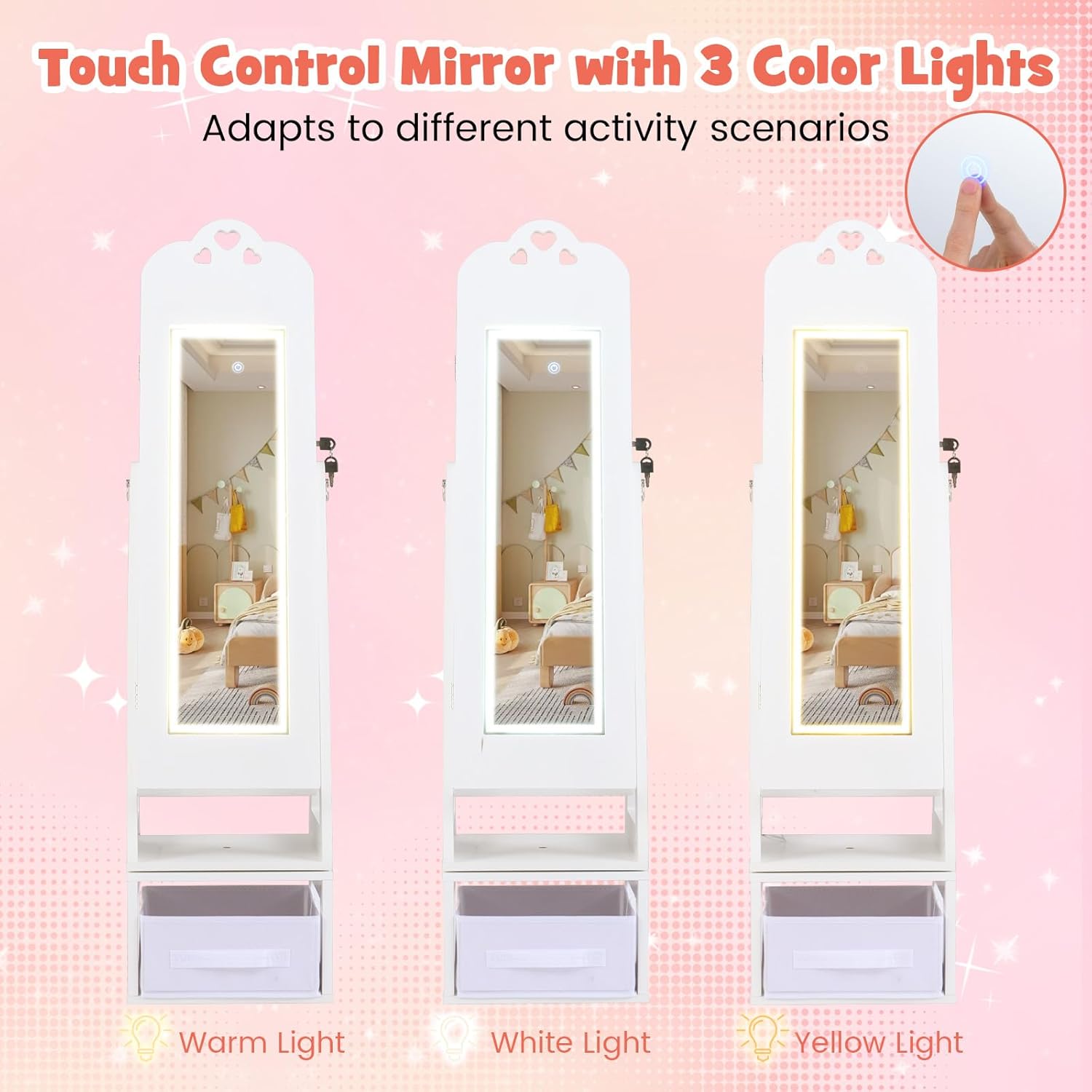 INFANS Kids Jewelry Armoire Cabinet, 360° Swivel Lockable Standing Makeup Organizer with Interior Lights, Rotatable Full-Length LED Vanity Mirror with Foldable Fabric Drawer for Girls