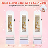 INFANS Kids Jewelry Armoire Cabinet, 360° Swivel Lockable Standing Makeup Organizer with Interior Lights, Rotatable Full-Length LED Vanity Mirror with Foldable Fabric Drawer for Girls