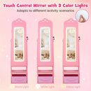 INFANS Kids Jewelry Armoire Cabinet, 360° Swivel Lockable Standing Makeup Organizer with Interior Lights, Rotatable Full-Length LED Vanity Mirror with Foldable Fabric Drawer for Girls