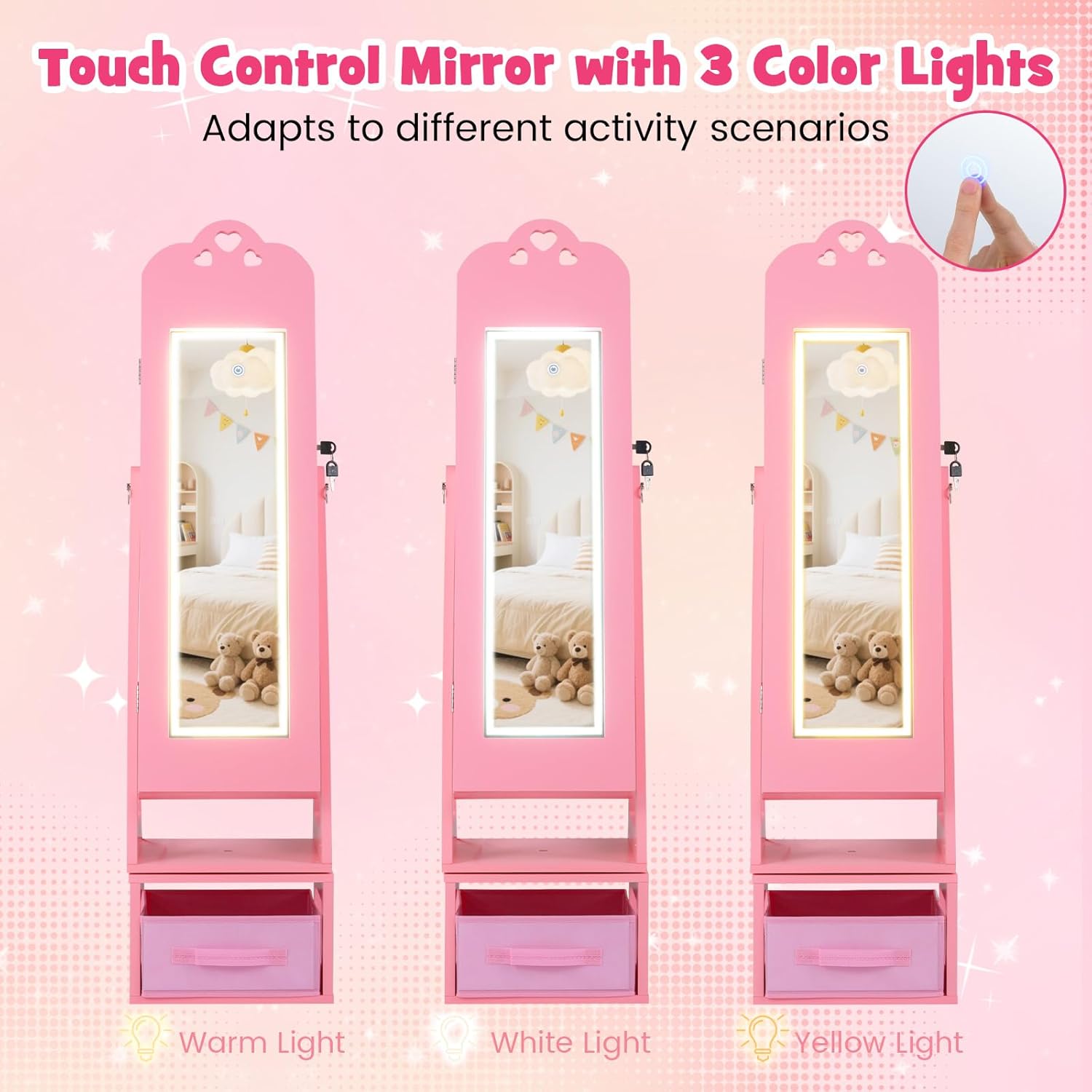 INFANS Kids Jewelry Armoire Cabinet, 360° Swivel Lockable Standing Makeup Organizer with Interior Lights, Rotatable Full-Length LED Vanity Mirror with Foldable Fabric Drawer for Girls