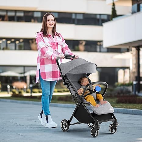 INFANS Ultra-Compact Fold Airplane Ready Travel Stroller, One-Hand Gravity Fold Near Flat Recline Seat