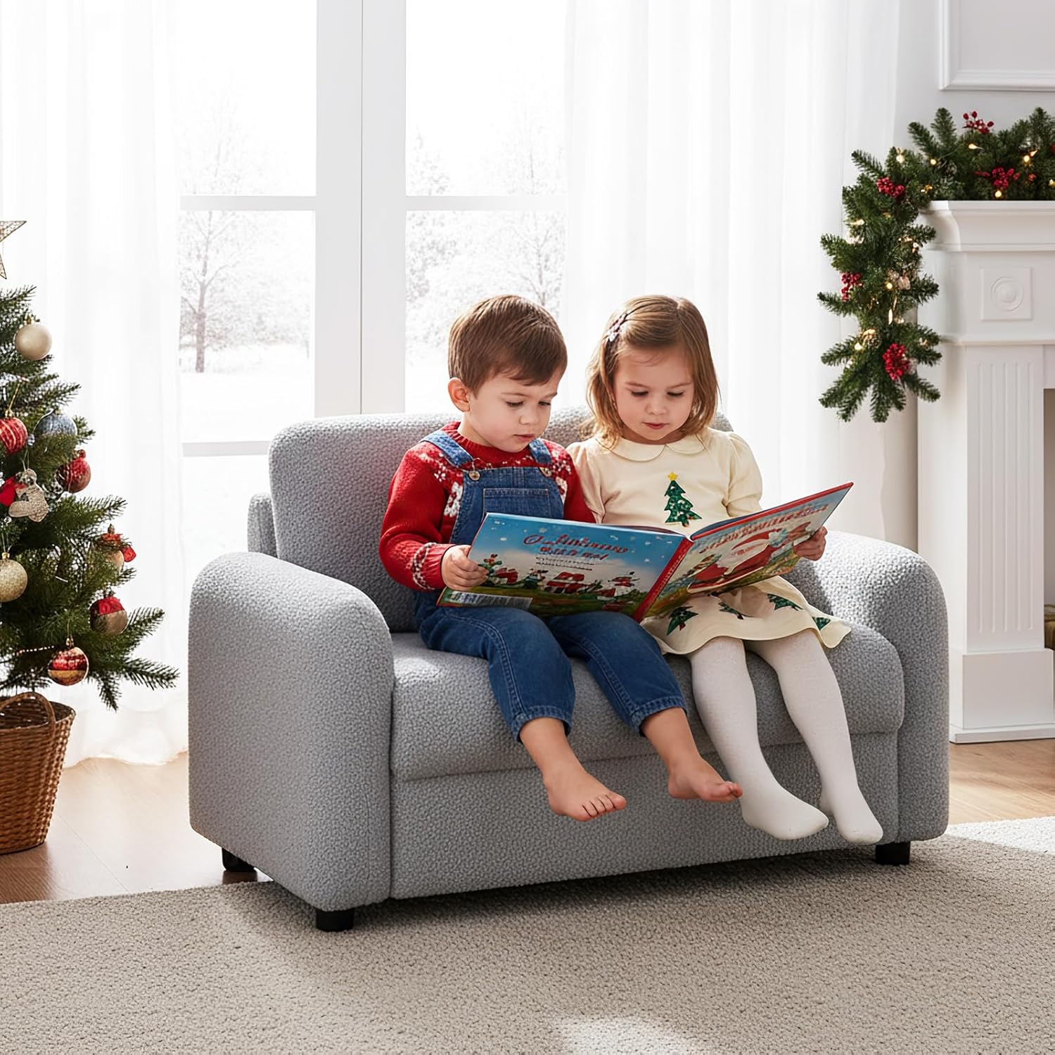 INFANS Kids Sofa, 2 Seat Soft Thick Upholstered Couch with Plush Fabric Solid Wooden Frame, Armrest Chair Lounge for Playroom Kids Boys Girls