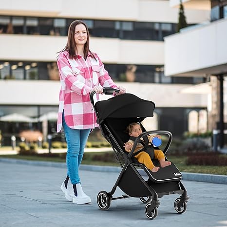 INFANS Ultra-Compact Fold Airplane Ready Travel Stroller, One-Hand Gravity Fold Near Flat Recline Seat