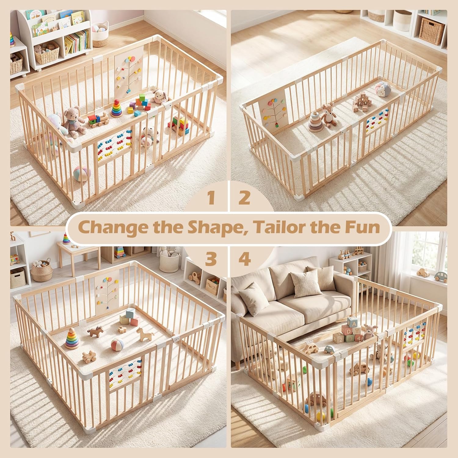 INFANS Wooden Baby Playpen with Adjustable Size & Shape, 8 Panels, Child Proof Lock, Easy to Assemble, 63" x 63" Portable Play Yard