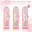 INFANS Kids Jewelry Armoire Cabinet, 360° Swivel Lockable Standing Makeup Organizer with Interior Lights, Rotatable Full-Length LED Vanity Mirror with Foldable Fabric Drawer for Girls
