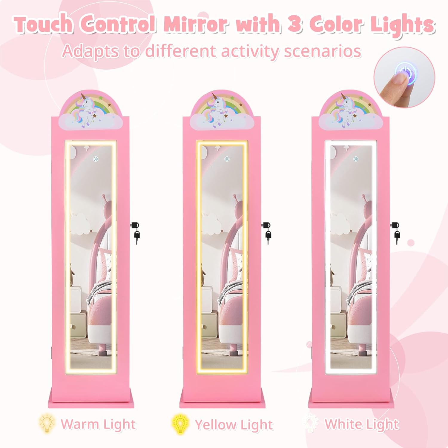 INFANS Kids Jewelry Armoire Cabinet, 360° Swivel Lockable Standing Makeup Organizer with Interior Lights, Rotatable Full-Length LED Vanity Mirror with Foldable Fabric Drawer for Girls