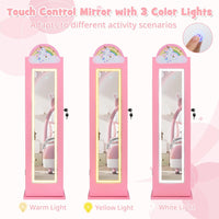 INFANS Kids Jewelry Armoire Cabinet, 360° Swivel Lockable Standing Makeup Organizer with Interior Lights, Rotatable Full-Length LED Vanity Mirror with Foldable Fabric Drawer for Girls