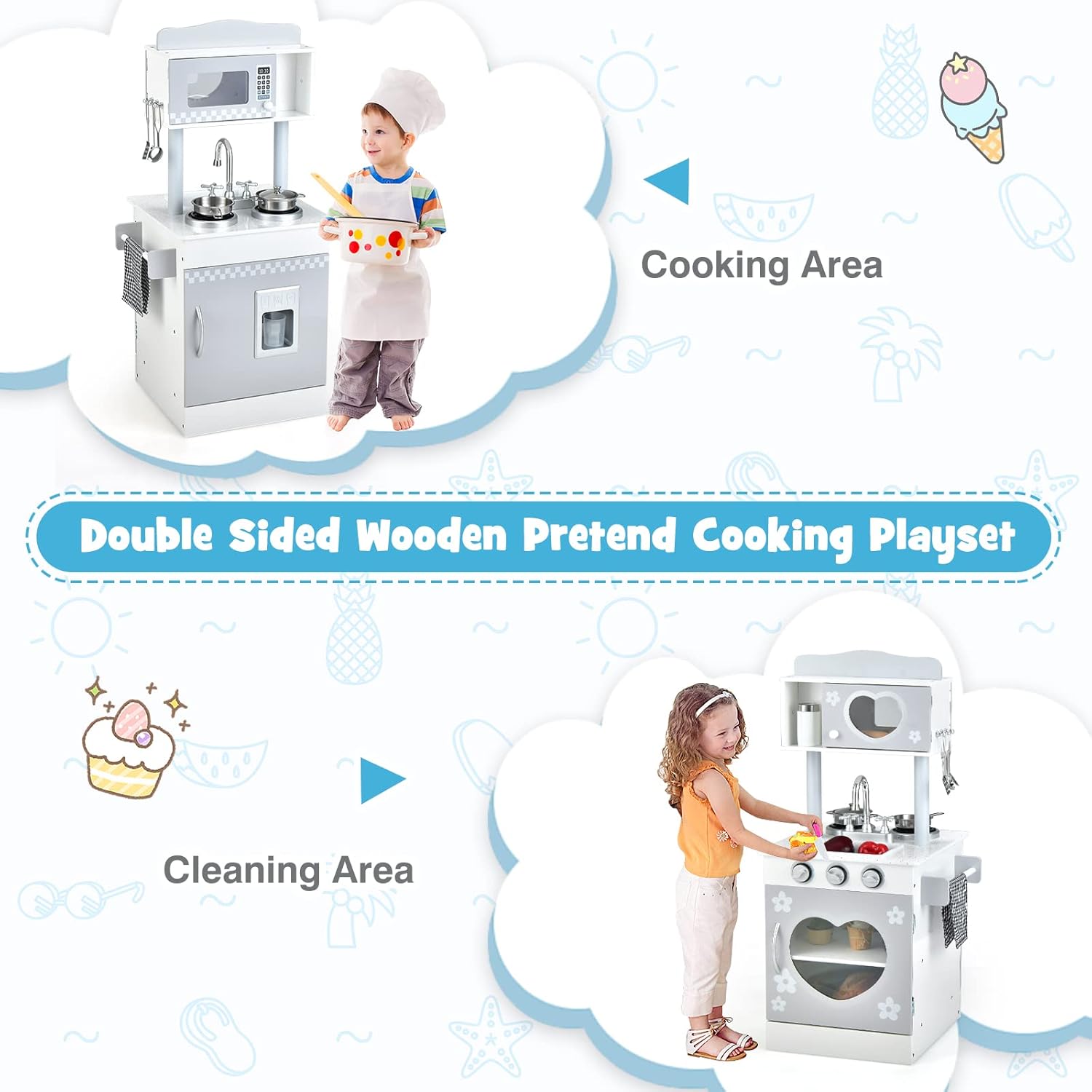 INFANS 2 in 1 Kids Play Kitchen and Restaurant, Double Sided Toddler Wooden Pretend Cooking Set with Stove Sink Microwave Storage Cabinet, Simulation Kitchen Toy Set for Boys Girls