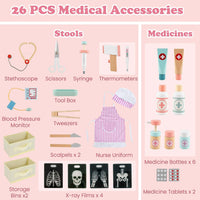 INFANS Kids Doctor Playset, Wooden Pretend Medical Station Activity Center Toy Set with 26 Interactive Veterinarian Accessories, Nurse Uniform X-Ray Film Stethoscope ECG Monitor for Toddler