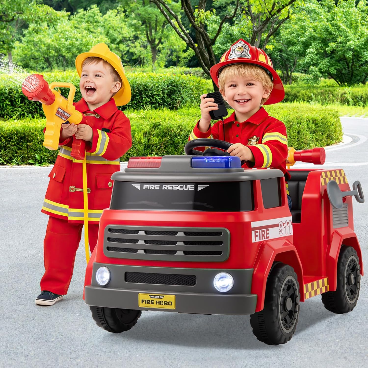 INFANS 12V Ride on Fire Truck with Water Gun, Tank, Megaphone, Siren, Alarm Lamps, Shovel, Remote Control, Music, Aged 3+ Years