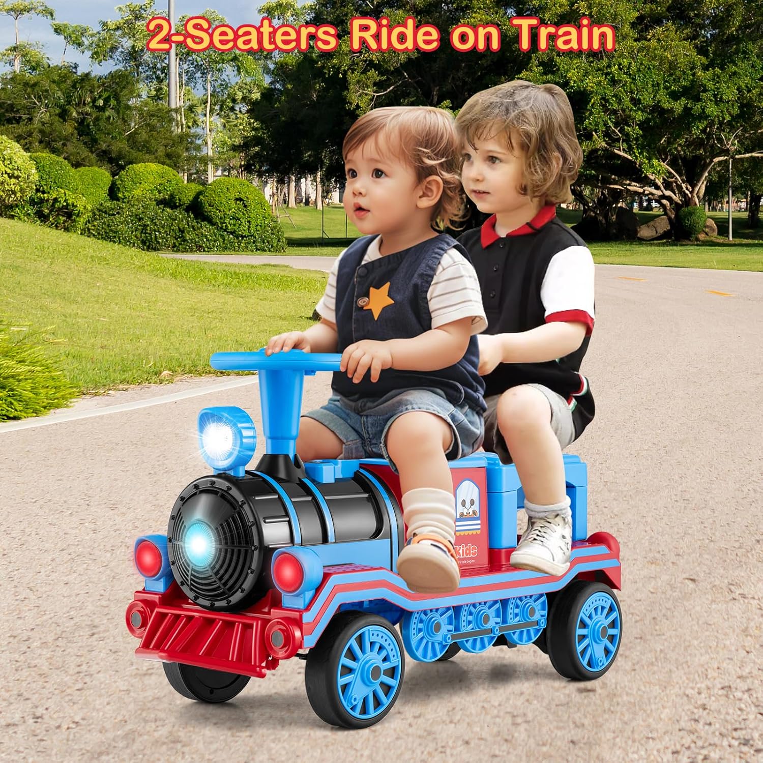 INFANS 2-Seater Kids Ride on Train Trackless, 12V Battery Powered Electric Toy with Train Whistle, Music, LED Lights, 2 Speeds, Soft Start, Gift for Toddlers Boys Girls