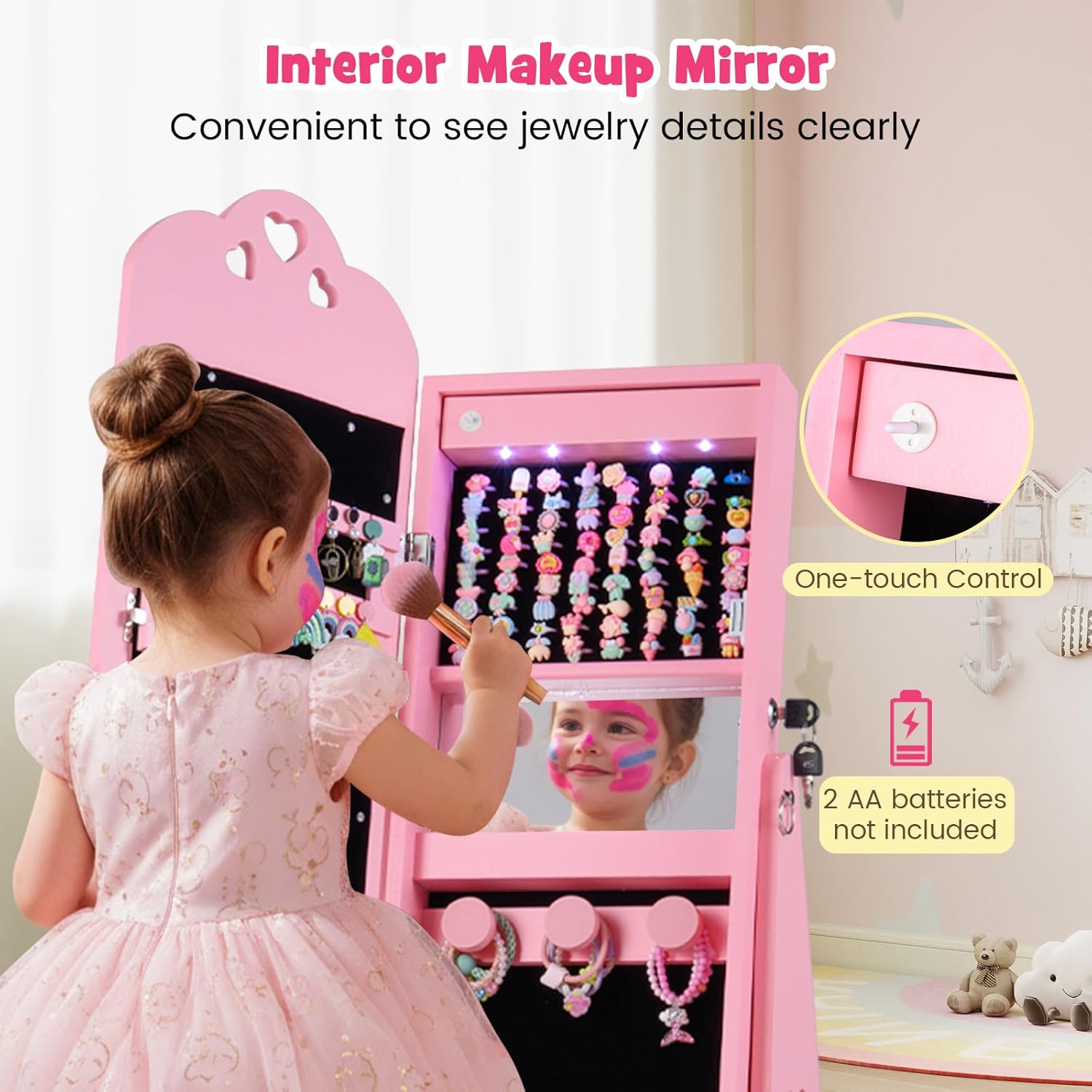 INFANS Kids Jewelry Armoire Cabinet, 360° Swivel Lockable Standing Makeup Organizer with Interior Lights, Rotatable Full-Length LED Vanity Mirror with Foldable Fabric Drawer for Girls