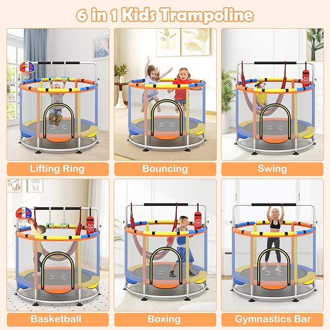 INFANS Trampoline for Kids, Indoor Outdoor Adjustable Toddler Trampoline with Safety Enclosure Net