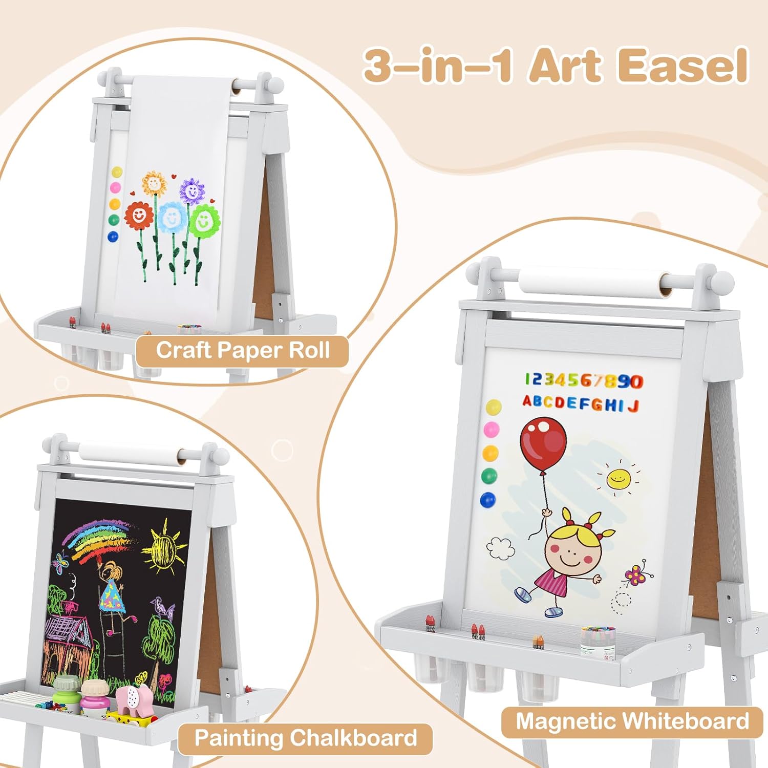 INFANS Easel for Kids, 3 in 1 Adjustable Painting Art Board, Foldable Double-Sided Wooden Drawing Chalkboard Magnetic Whiteboard with Paper Roll, Storage Rack, Cups for Boy Girls