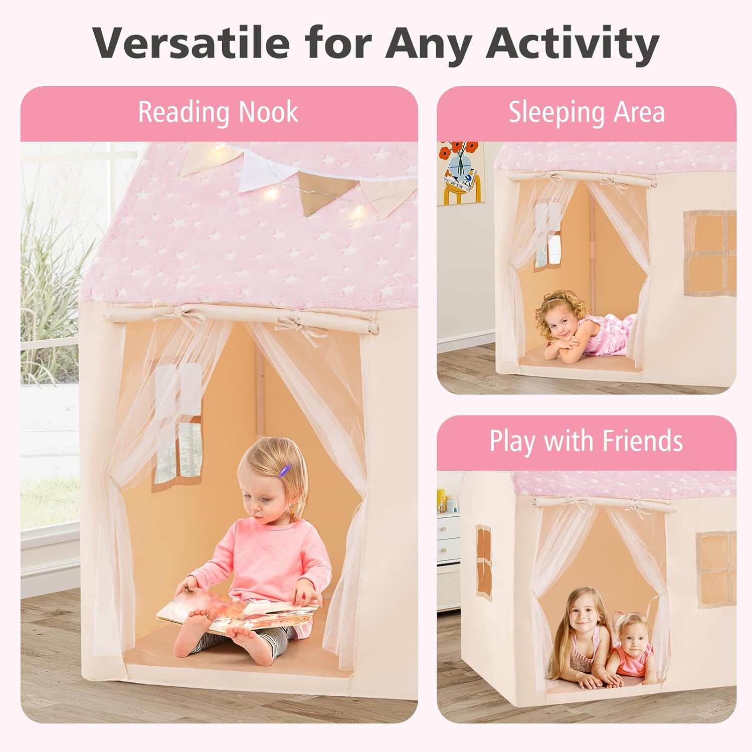 INFANS Kids Play Tent with Fluorescent Roof Washable Mat Star Light Colorful Flag Windows, Anti-Trip Large Playhouse Toys