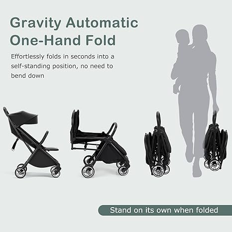 INFANS Ultra-Compact Fold Airplane Ready Travel Stroller, One-Hand Gravity Fold Near Flat Recline Seat