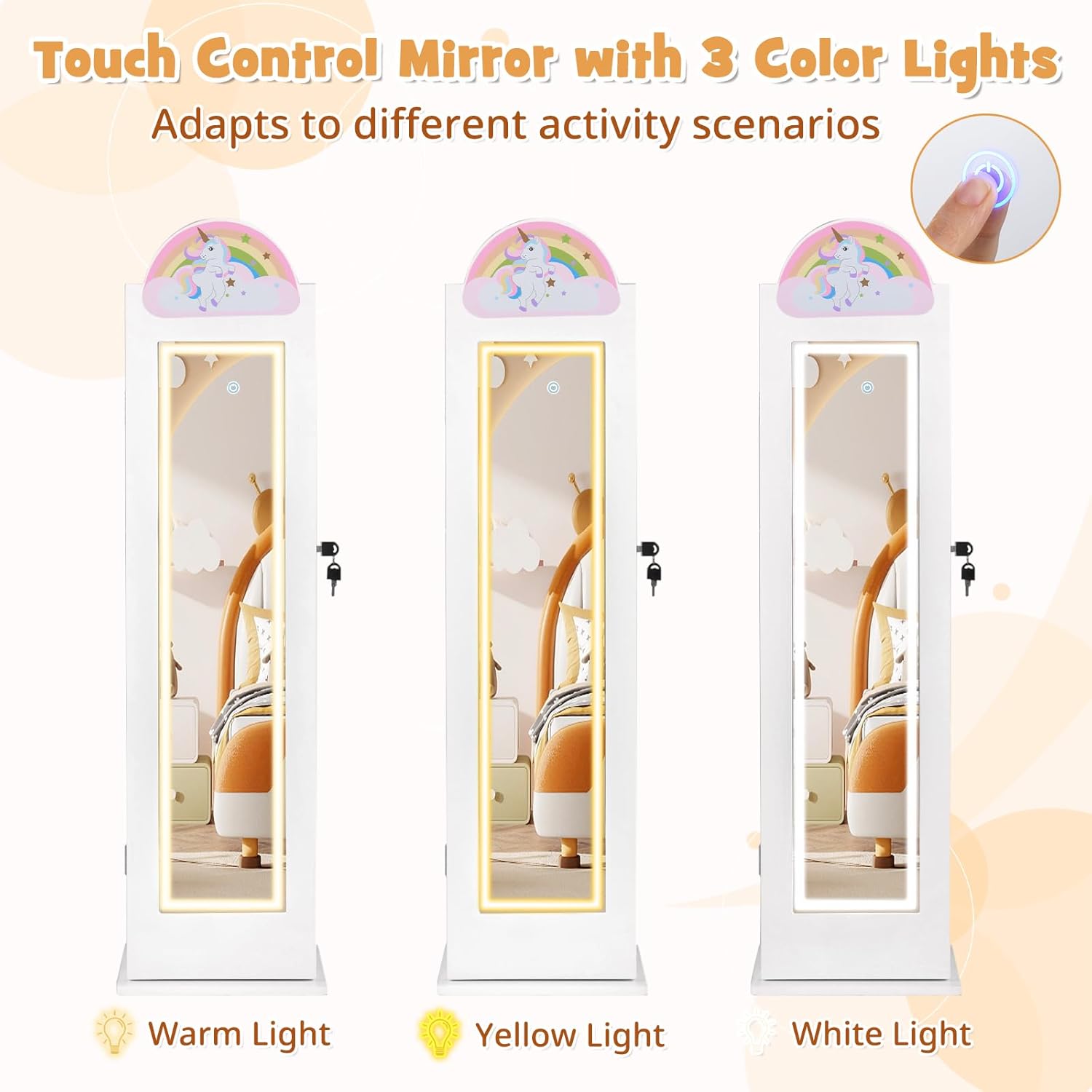 INFANS Kids Jewelry Armoire Cabinet, 360° Swivel Lockable Standing Makeup Organizer with Interior Lights, Rotatable Full-Length LED Vanity Mirror with Foldable Fabric Drawer for Girls