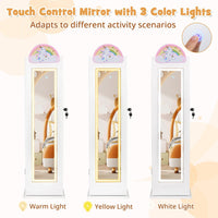 INFANS Kids Jewelry Armoire Cabinet, 360° Swivel Lockable Standing Makeup Organizer with Interior Lights, Rotatable Full-Length LED Vanity Mirror with Foldable Fabric Drawer for Girls