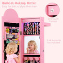 INFANS Kids Jewelry Armoire Cabinet, 360° Swivel Lockable Standing Makeup Organizer with Interior Lights, Rotatable Full-Length LED Vanity Mirror with Foldable Fabric Drawer for Girls