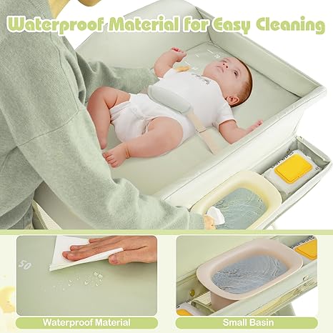 INFANS Baby Changing Table with Wheels, Portable Folding Diaper Station Nursery Organizer with Safety Belt