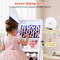 INFANS Kids Jewelry Armoire Cabinet, 360° Swivel Lockable Standing Makeup Organizer with Interior Lights, Rotatable Full-Length LED Vanity Mirror with Foldable Fabric Drawer for Girls