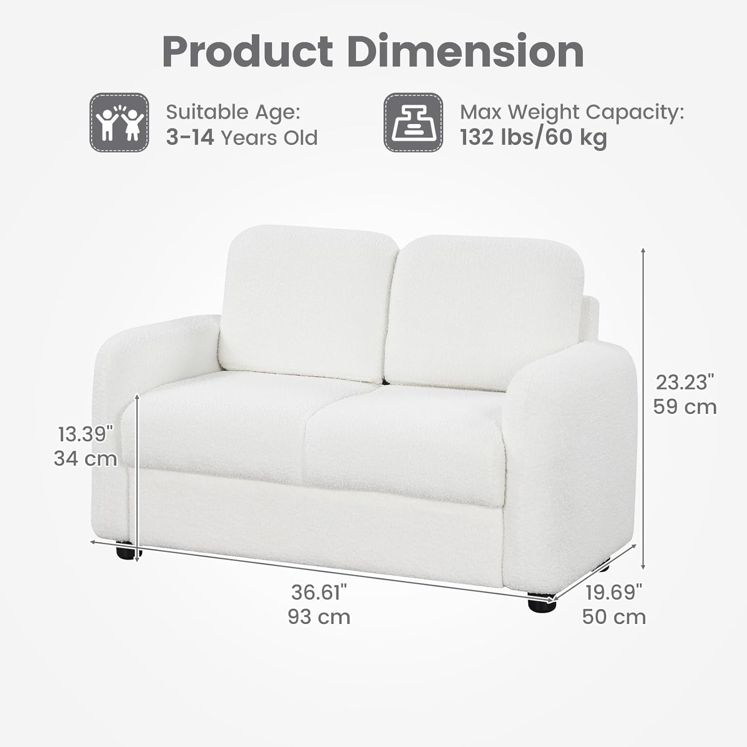 INFANS Kids Sofa, 2 Seat Soft Thick Upholstered Couch with Plush Fabric Solid Wooden Frame, Armrest Chair Lounge for Playroom Kids Boys Girls