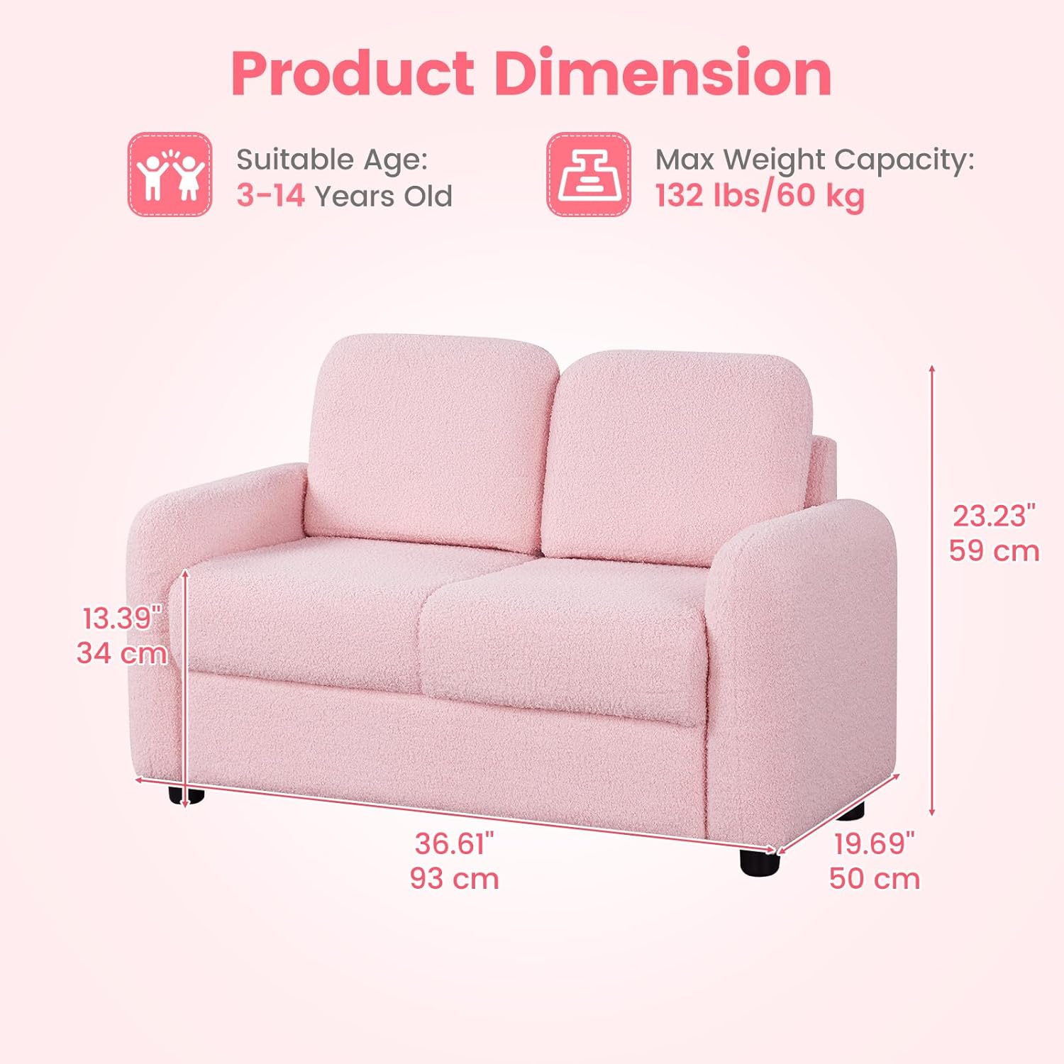 INFANS Kids Sofa, 2 Seat Soft Thick Upholstered Couch with Plush Fabric Solid Wooden Frame, Armrest Chair Lounge for Playroom Kids Boys Girls