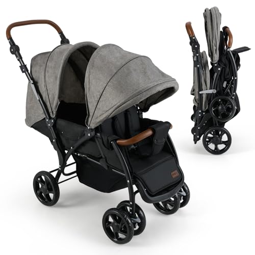 INFANS Double Stroller, Foldable Baby Tandem Stroller with Djustable Backrest Canopy Footrest