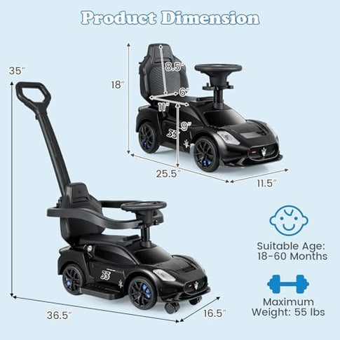 INFANS 3 in 1 Push Car for Toddlers, Licensed Maserati Baby Stroller Sliding Walking Car with Push Handle