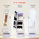 INFANS Kids Jewelry Armoire Cabinet, 360° Swivel Lockable Standing Makeup Organizer with Interior Lights, Rotatable Full-Length LED Vanity Mirror with Foldable Fabric Drawer for Girls