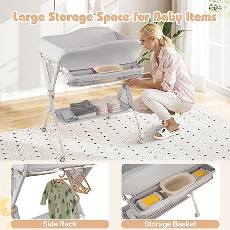 INFANS Baby Changing Table with Wheels, Portable Folding Diaper Station Nursery Organizer with Safety Belt