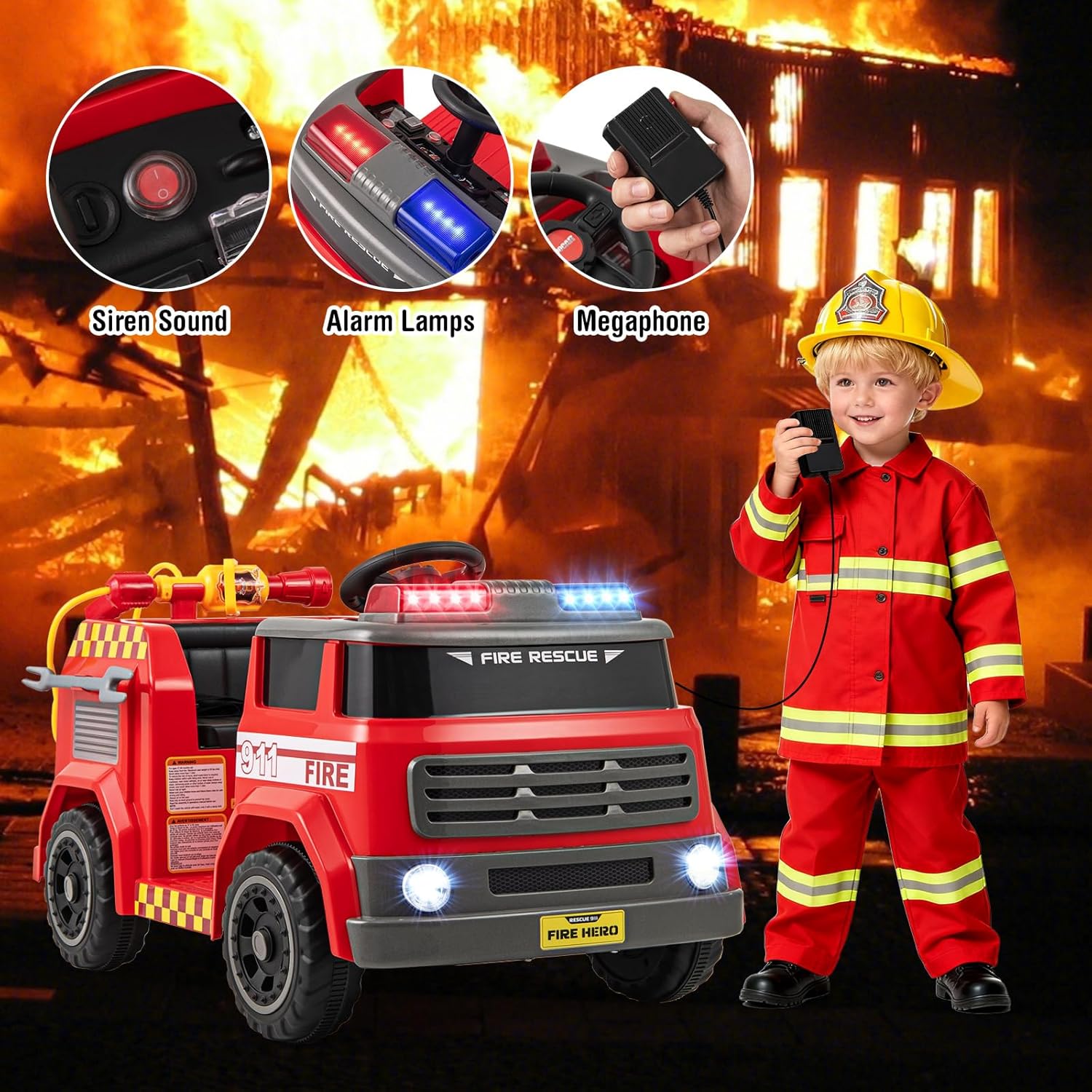 INFANS 12V Ride on Fire Truck with Water Gun, Tank, Megaphone, Siren, Alarm Lamps, Shovel, Remote Control, Music, Aged 3+ Years