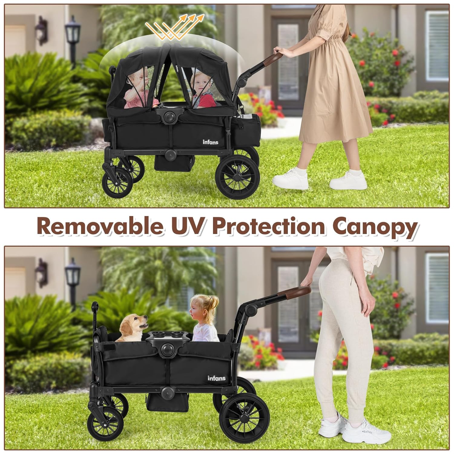 INFANS Wagon Stroller for 2 Kids, Collapsible Adjustable Push Pull Handle Bar, 2 Seater Stroller Wagon