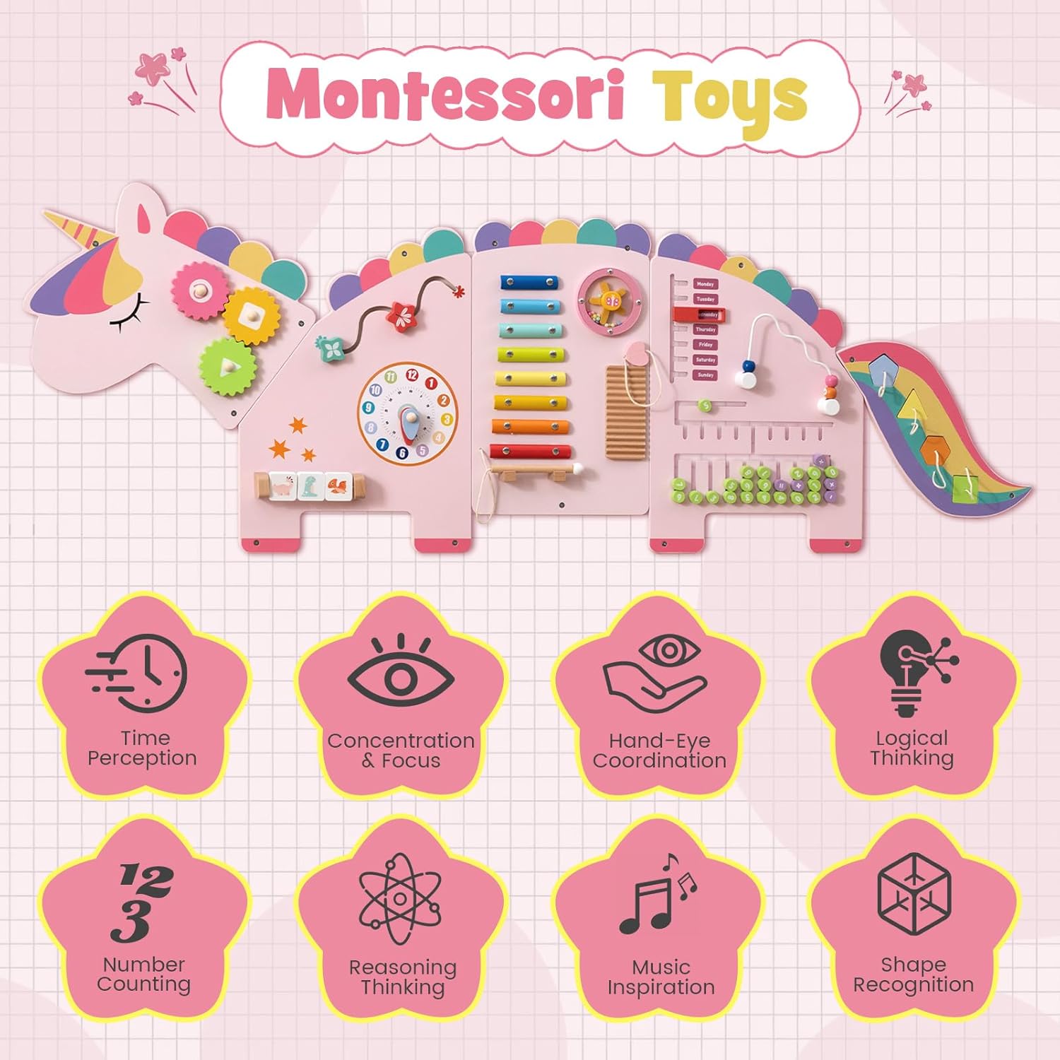 INFANS Pink Castle Sensory Wall, 11 in 1 Wooden Montessori Busy Board Panel, Toddler Wall Mounted Activity Center, Educational Toys Learning Gift for Boys Girls