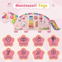 INFANS Pink Castle Sensory Wall, 11 in 1 Wooden Montessori Busy Board Panel, Toddler Wall Mounted Activity Center, Educational Toys Learning Gift for Boys Girls