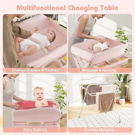 INFANS Baby Changing Table with Wheels, Portable Folding Diaper Station Nursery Organizer with Safety Belt