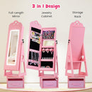 INFANS Kids Jewelry Armoire Cabinet, 360° Swivel Lockable Standing Makeup Organizer with Interior Lights, Rotatable Full-Length LED Vanity Mirror with Foldable Fabric Drawer for Girls