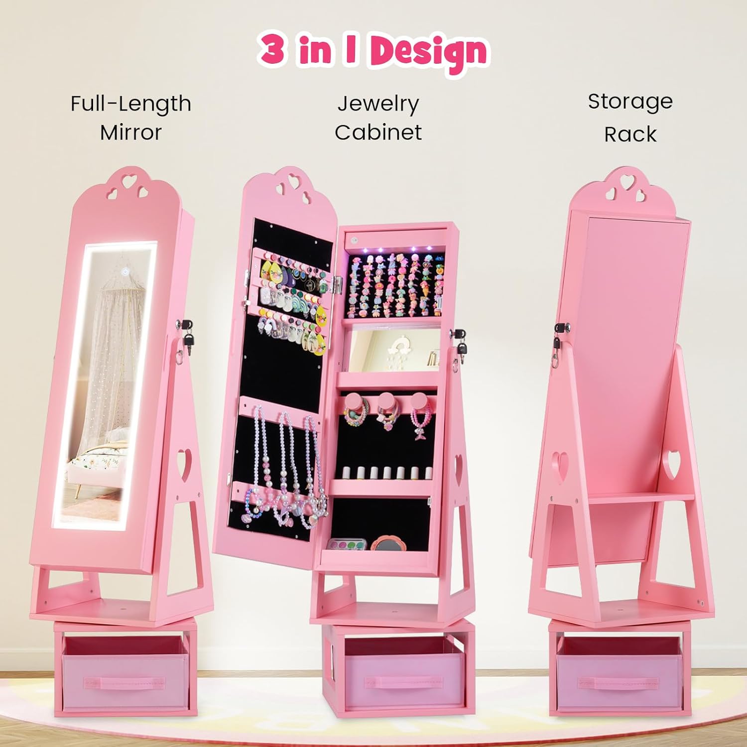 INFANS Kids Jewelry Armoire Cabinet, 360° Swivel Lockable Standing Makeup Organizer with Interior Lights, Rotatable Full-Length LED Vanity Mirror with Foldable Fabric Drawer for Girls