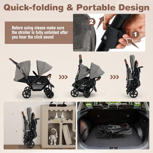 INFANS Double Stroller, Foldable Baby Tandem Stroller with Djustable Backrest Canopy Footrest