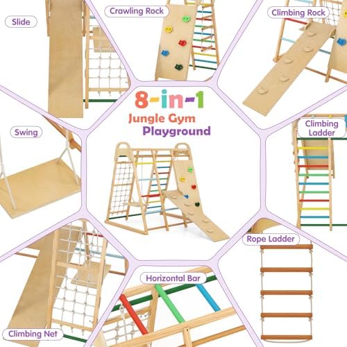 INFANS 8 in 1 Climbing Toys for Toddlers, Kids Wood Montessori Climber Playset, Indoor Playground Jungle Gym