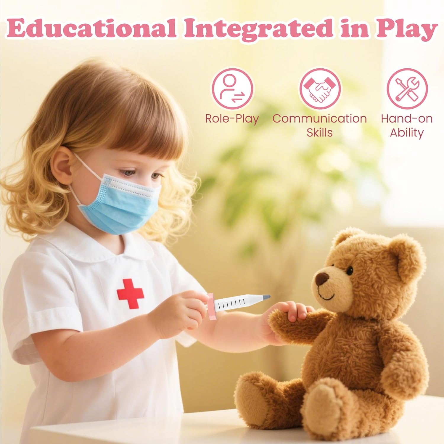 INFANS Kids Doctor Playset, Wooden Pretend Medical Station Activity Center Toy Set with 26 Interactive Veterinarian Accessories, Nurse Uniform X-Ray Film Stethoscope ECG Monitor for Toddler