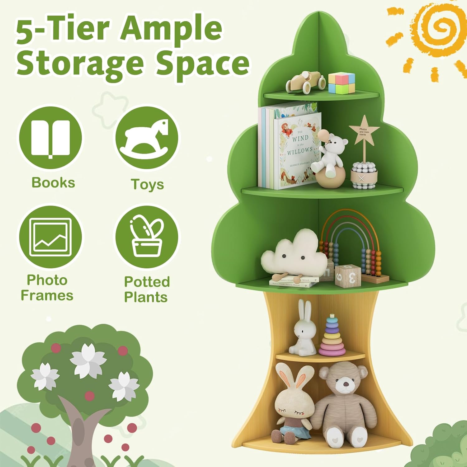 INFANS Tree Kids Bookshelf, Wood 5-Tier Corner Bookcase, Baby Montessori Shelf Rack Children's Bookcase