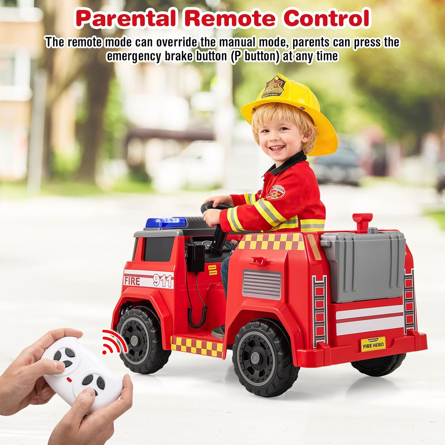 INFANS 12V Ride on Fire Truck with Water Gun, Tank, Megaphone, Siren, Alarm Lamps, Shovel, Remote Control, Music, Aged 3+ Years